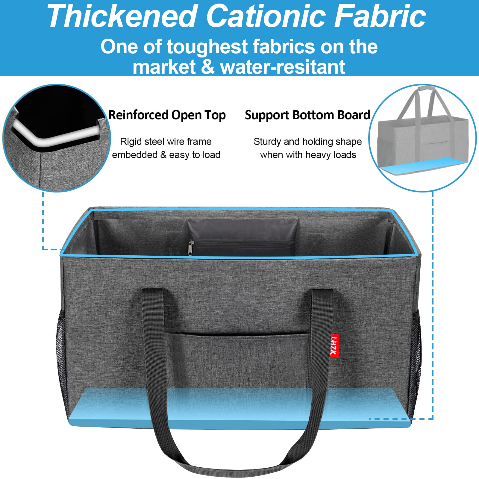 Lhzk Standing Extra Large Utility Tote Bag With Metal Wire Frame And The Sides Rinforced, Large Collapsible Tote (Gray)